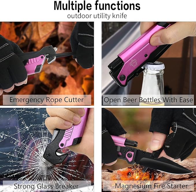 8.5" Military Outdoor EDC Camping Pocket Knife, 7 in 1 Multi-Function Folding Knives with Fire Starter LED Light Seatbelt Cutter Glass Breaker Bottle Opener Tactical Blade (Pink)