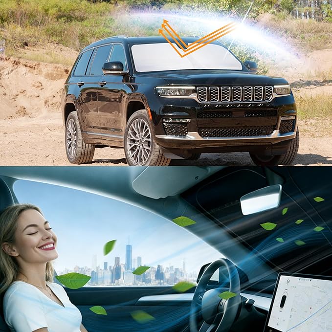 Windshield Sun Shade Fit for 2011-2021 Jeep Grand Cherokee Accessories (NOT for Grand Cherokee L & Jeep Cherokee) Foldable Window Sunshade