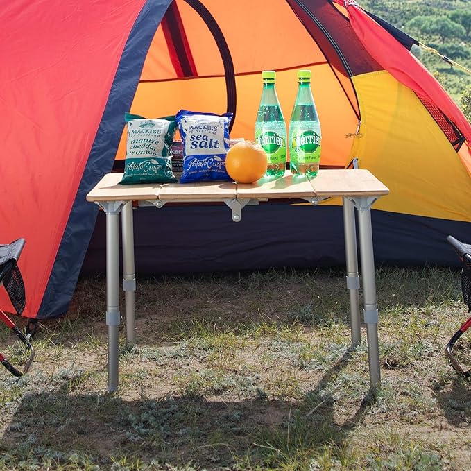 KingCamp Bamboo Folding Table Camping Table with Adjustable Height 4-Folds Compact Small Lightweight Portable Picnic Camp Table for Outdoor Backpacking Beach RV Travel Tailgating Barbecue, 1-2 People