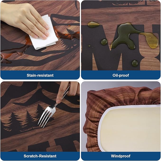 Picnic Table Cover with Bench Covers and Bag, 72in Camping Tablecloth, Waterproof Windproof Elastic Edges Fitted Rectangle Tables RV Gear Campers Must Have(Brown)