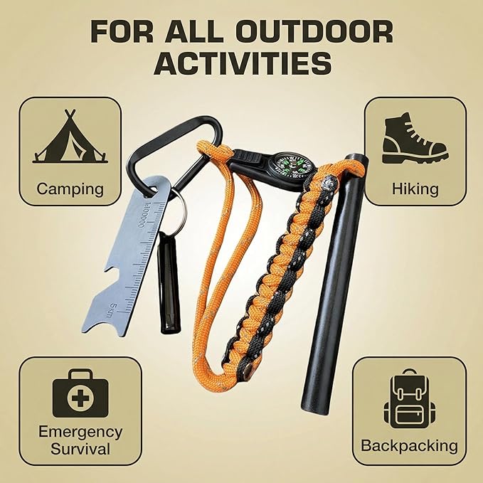 Ferro Rod Fire Starter with Compass, 3/8 Inch Thick Magnesium Ferrocerium Rod,Fire Starter Survival Tool with Multi-Tool Long Strikes, Flint Fire Starters for Camping & Hiking,Outdoor Emergency Kits.