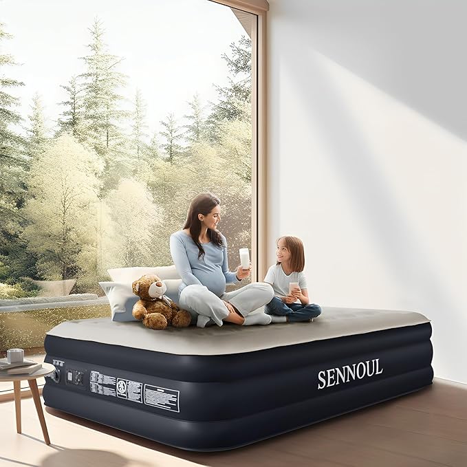 SENNOUL Air Mattress Queen with Built in Pump, Inflatable Mattress Blow Up Mattress 16 Raised Comfort,Upgraded Surface Portable Bed, Air Bed for Home, Guest, Camping, Colchone Inflable, 650 lbs