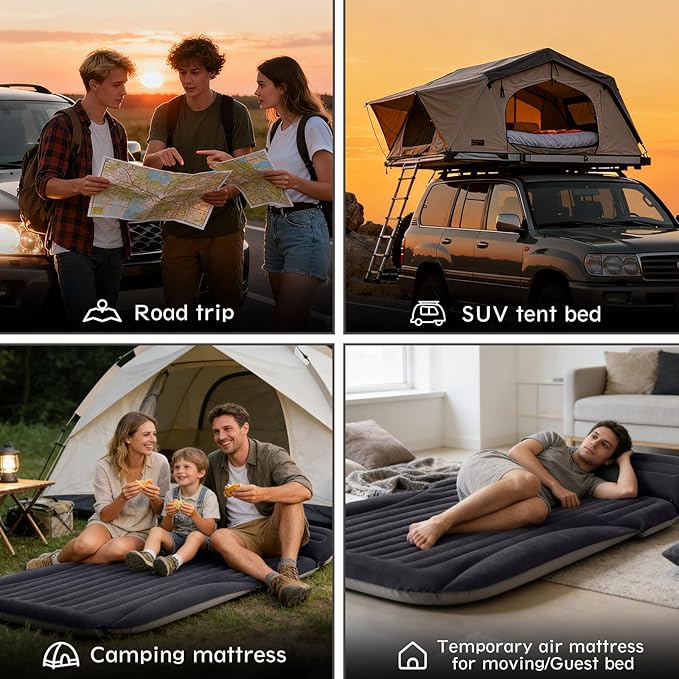 Ciremiv SUV Air Mattress, Double-Sided Thick Flocked Car Air Mattress with Built-in Pump & Pillow, Complete Sleeping Accessories for Auto Camping & Road Trips(Blue Black)