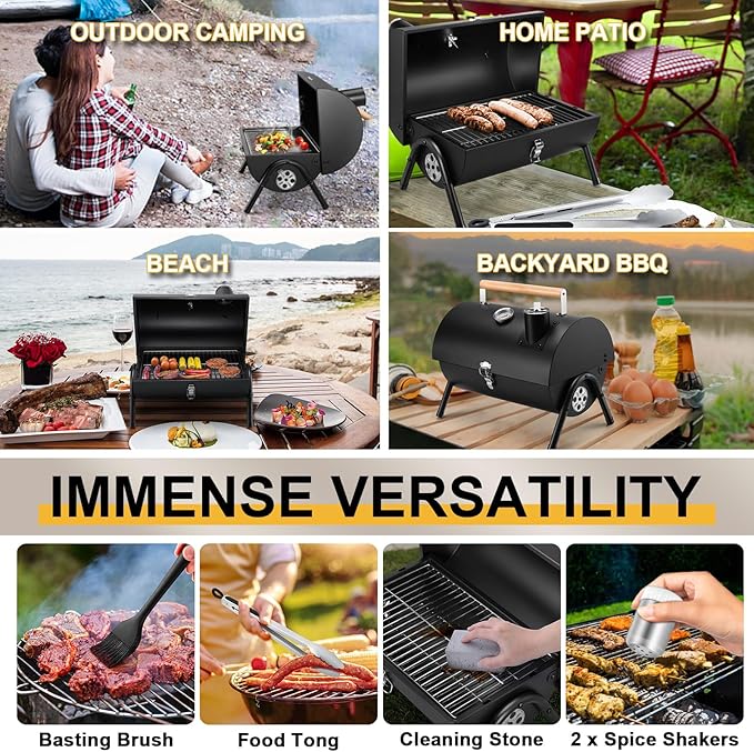 Joyfair Portable Charcoal Grill Set, Small Tabletop Barbecue Grill with Accessories Tools for Outdoor Camping BBQ Grilling Backyard Party Cooking, Heavy Duty & Innovative Design, Thermometer & Chimney