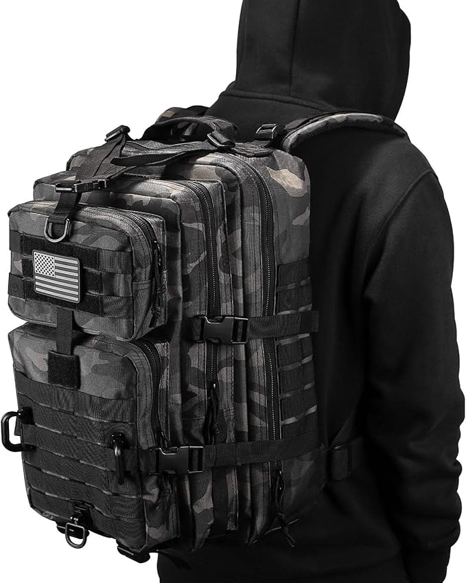 Hannibal Tactical MOLLE Assault Pack, Tactical Backpack Military Army Camping Rucksack, 3-Day Pack Trip w/USA Flag Patch, D-Rings, Black Camo