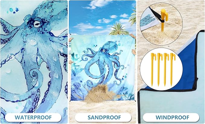 HIHOHO Beach Blanket Waterproof Sandproof Beach Mat for 1-8 Adults Quick Drying Durable Outdoor Picnic Mat for Beach Festival Travel Camping Hiking (BL-Octopus, 79"×83"(4 Person))