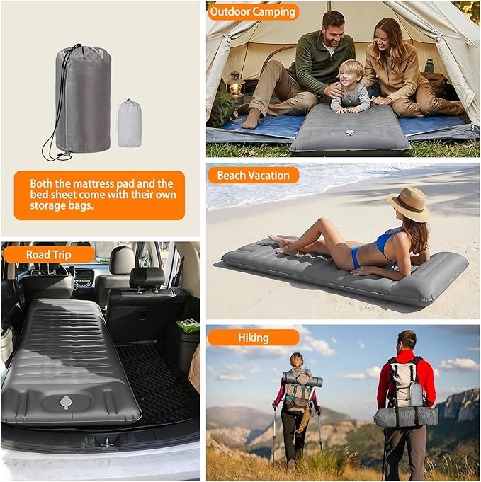 Extra Thick Camping Sleeping Pad – Self Inflating Camping Mat with Ultralight Sleeping Bag Liner, Backpacking Camping Pad with Pillow & Foot Pump for Outdoor Hiking, Tent, Travel (Gray)