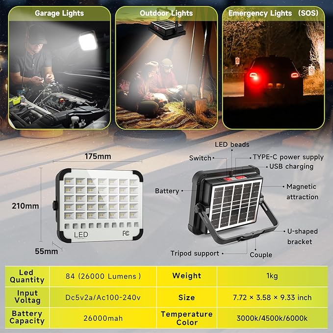 300W LED Solar Work Light Rechargeable, Sinear 26000LM Magnetic Portable Light, 26000mAh with 5 Modes, IP66 Waterproof for Outdoor Camping, Car Repair, Building, Workshop, Garage, Emergency