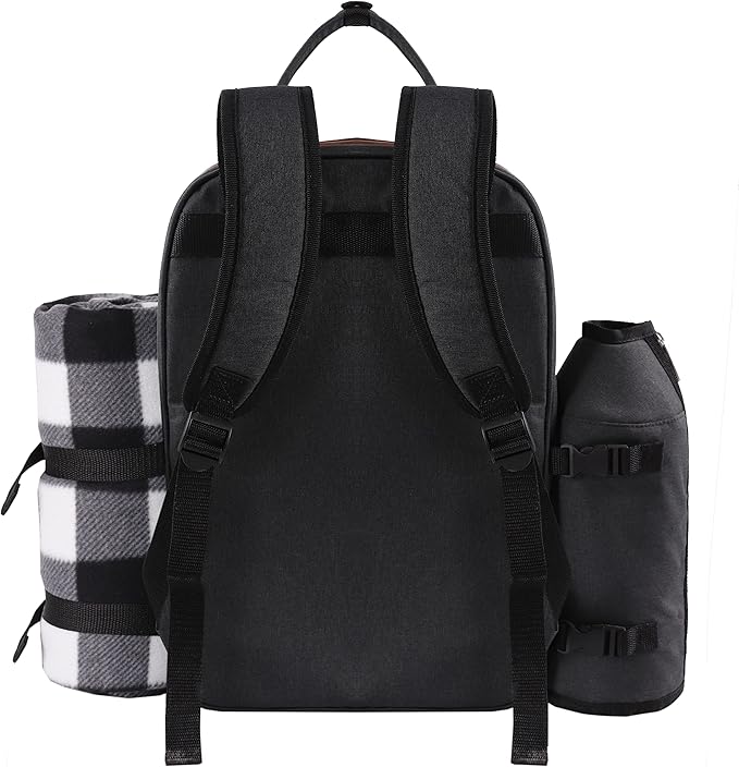 ALLCAMP OUTDOOR GEAR Picnic Backpack for 2 Person Set W/Detachable Bottle/Wine Holder, Fleece Blanket, Plates and Cutlery Set (Black)