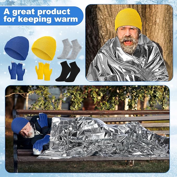 400 Pcs Thermal Blankets Winter Warmth Set Bulk, Warm Socks Winter Touchscreen Gloves Beanie Hats Emergency Foil Blankets (Vibrant)