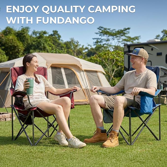 FUNDANGO Oversized Camping Chairs for Adults, Heavy Duty Fold Up Sports Games Lawn Chairs, Extra Wide Big Man Outdoor Chairs with Padded Lumbar Support Backrest, Bag Included for Camp, Outside, Beach