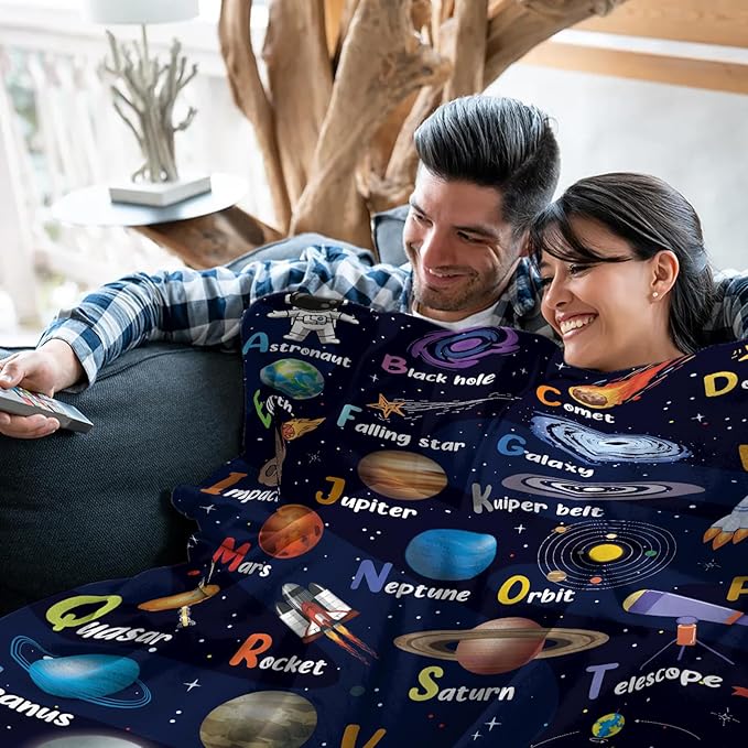 Space Alphabet Blanket, Space Themed Bedroom Decor, 50" X 60" Galaxy Blanket Gifts for Adult, Planet Astronaut Gift for Boys Birthday Christmas