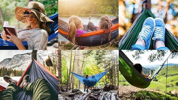 Pro Venture Double Camping Hammock - 10.5 x 6.5 FT (9ft Tree Straps, 2 Carabiners) - 2 Person, Portable, Lightweight Parachute Nylon 210T Hammocks - for Backpacking, Travel, Hiking, Patio (Double)…
