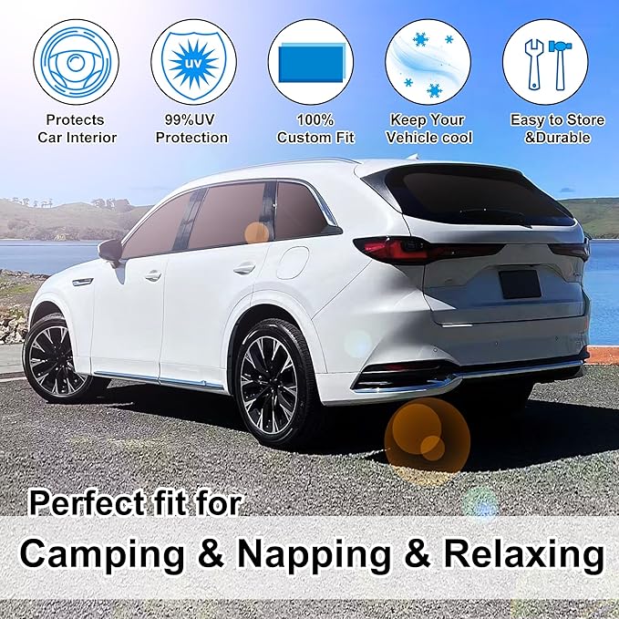 8PCS Windshield Sun Shade Custom Fit for 2024 2025 2026 Mazda CX-90 CX90 Accessories Foldable Sunshade Side Rear Window Shade Cover Full Set Privacy Protection Keeps Car Cool