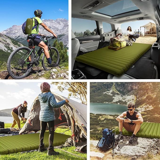Double Camping Sleeping Pad, Ultralight Waterproof Inflatable 2-Person Sleeping Mat with Inflation Bag, Lightweight Portable Air Mattress for Outdoor Backpacking Hiking Car Traveling Tent (Green)