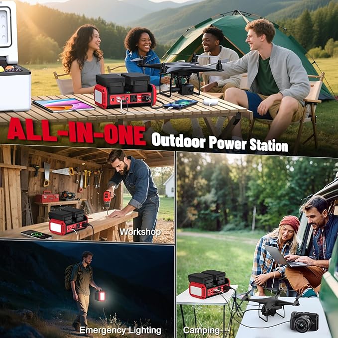Azocek 350W Power Inverter Pure Sine Wave Compatible with Milwaukee 18V Battery (No Battery), 7A Fast Charger, Portable Power Station with 2 AC Outlets, 2 Type-C (140W/65W), 2 USB Ports, 600LM LED