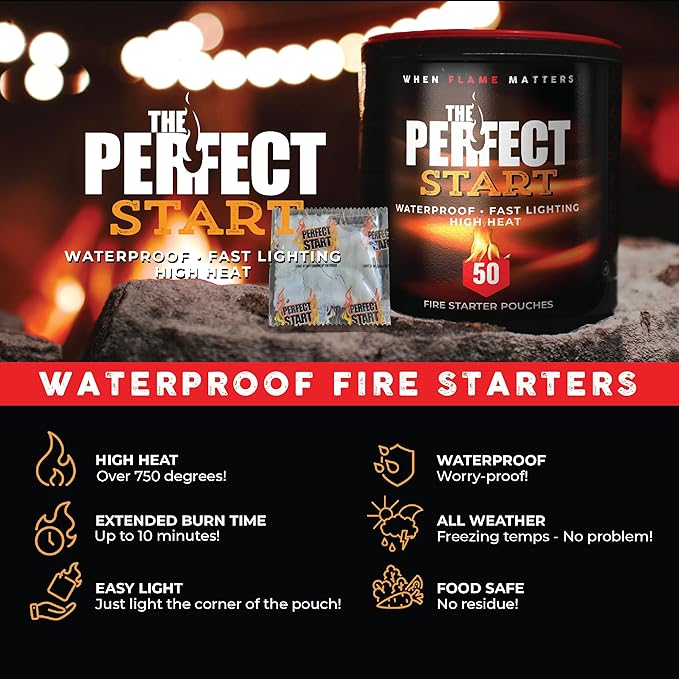 The Perfect Start Fire Starters - Waterproof - All-Purpose for Campfires, Fire Pits, Fireplaces, Charcoal & More - All Weather, Safe, Non-Combustible & Easy to Use for Camping, Hiking, Outdoor Cooking