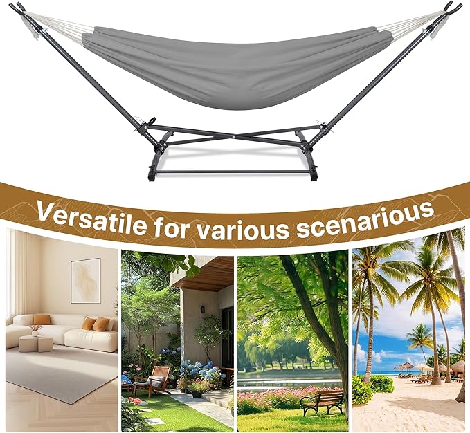 Homgava Portable Hammock with Folding Hammock Stand,Heavy Duty Steel Hammock Stand for Indoor and Outdoor with Carrying Bag,3 Holes for Height Adjustment, 550 LBS Weight Capacity,Grey