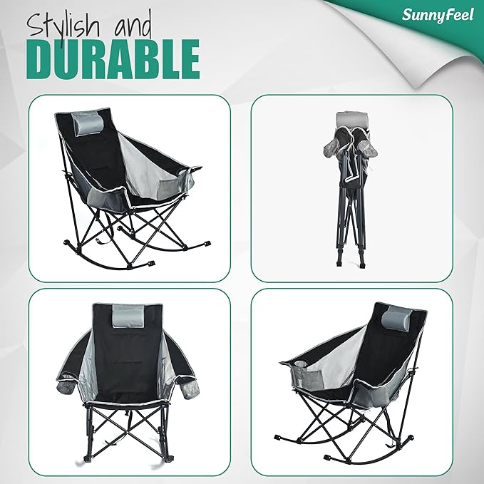 SUNNYFEEL Rocking Camping Chair 2 Pack, Outdoor Oversized Folding Lawn Chair with Pocket, Heavy Duty for Outdoor/Picnic/Lounge/Patio, Portable Camp Rocker Chairs with Carry Bag