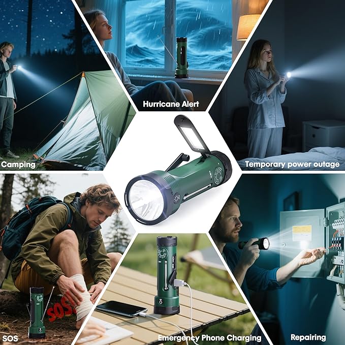 Hand Crank Flashlight, 3000mAh NOAA Weather Radio Flashlights with 3 Way Power Sources, Wind Up Flashlight Hand Crank Cell Phone Charger, Portable Radio AM/FM with Reading Lamp for Emergency/Outdoor