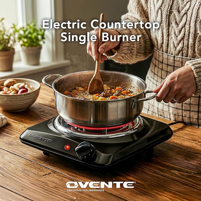 OVENTE Electric Countertop Single Burner, 1000W Cooktop with 6" Stainless Steel Coil Hot Plate, 5 Level Temperature Control, Indicator Light, Compact Cooking Stove and Easy to Clean, Black BGC101B