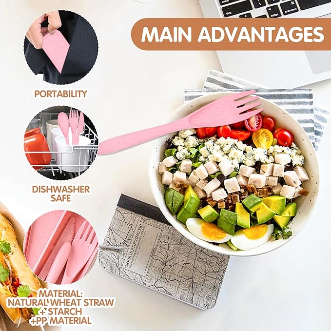 8 Color Travel Utensil Set with Case, Reusable Spoon Knife Forks Box Utensil Set for Lunch for Adult and Elderly, Service for 8