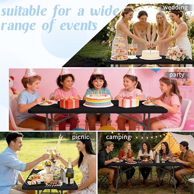 Fivenl 2 Pack 6 Feet Portable Folding Table Black, Steel Legs Fold-in-Half with Carrying Handle Rectangular Plastic Foldable Table for Party, Wedding, Camping, Picnic, Dining, Indoor Outdoor Events