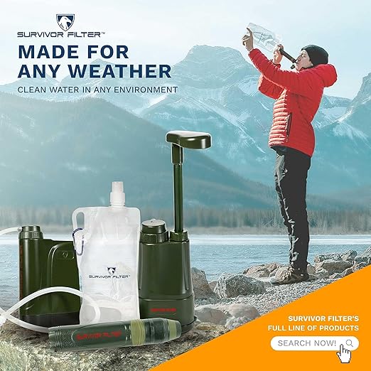 Survivor Filter Squeeze Kit – Emergency Water Straw with 2 Collapsible 33.8 fl oz Bottles – USA-Tested – 0.05 Micron Filtration – Portable Outdoor Water Filter for Camping & Hiking – No Expiration