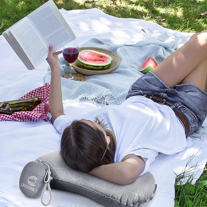 Crisonky Camping Inflatable Pillow with 2-in-1 Silicone Air Pump Storage Bag – Ultralight Travel Pillow for Airplane, Lumbar Support, Dual Valve Easy Inflate, Compressible Ergonomic (Grey)