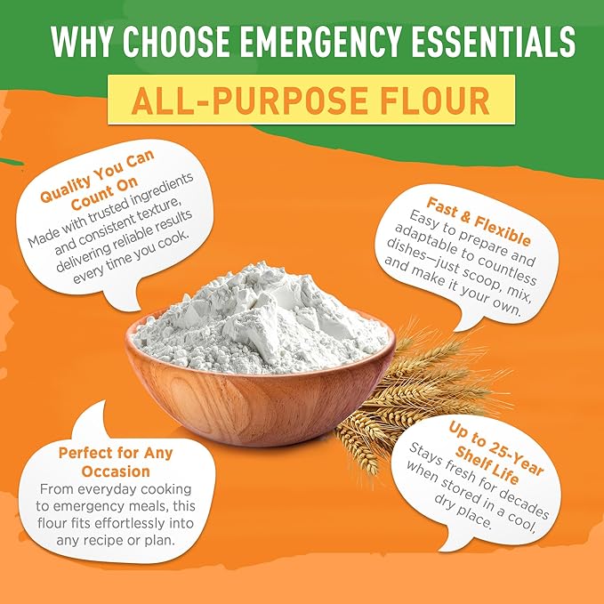 Emergency Essentials All-Purpose White Flour – Enriched, Long-Term Storage in #10 Can | 25-Year Shelf Life | 53 Servings | Emergency Food Supply for Baking, Cooking, and Everyday Preparedness