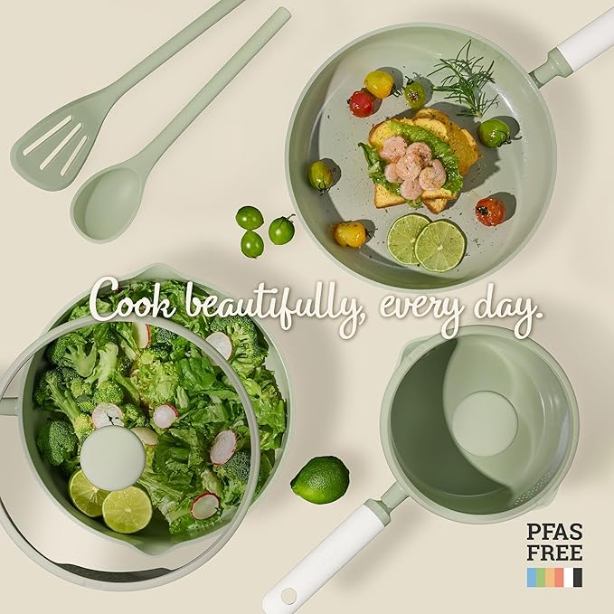 CAROTE Ceramic Cookware Set Nonstick, 9pcs Pots and Pans Set Non stick, Non-Toxic & PFAS-Free,Dishwasher, RV/Camping Cookware Set,Sauce Pan with Lid, Green