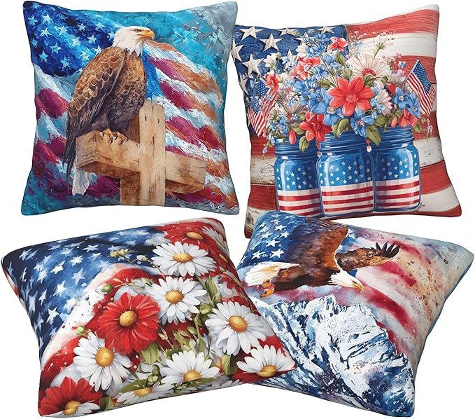 4th of July Flower Throw Pillow Covers 18 X 18 Inch Set of 4 Decorative Cushion Cover Home Decor for Sofa Chair Couch Bedroom Living Room