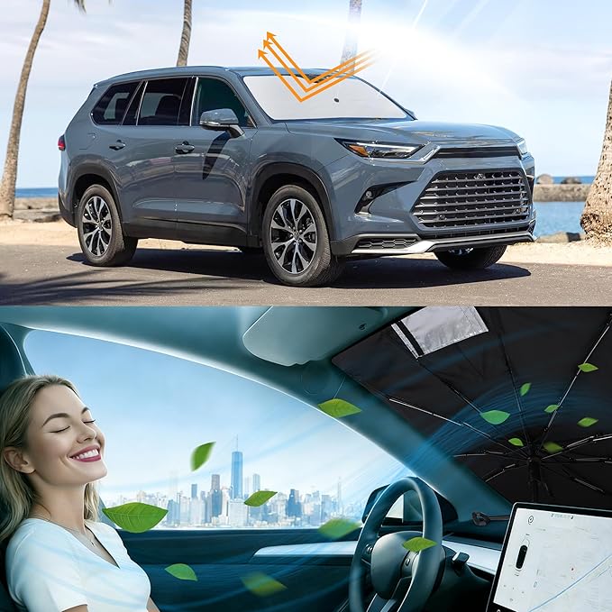 Windshield Sun Shade Umbrella Compatible with 2020-2026 Toyota Highlander Accessories Foldable Window Sunshade Sun Visor Protector Blocks Sun Rays