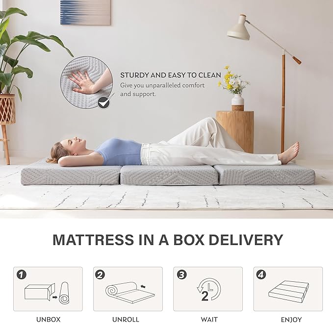 MLILY Tri-Fold Memory Foam Mattress Topper, 4 inch Full Folding Mattress with Collapsible and Washable Cover, Travel and Guest Mat, 75"×54"×4", Grey