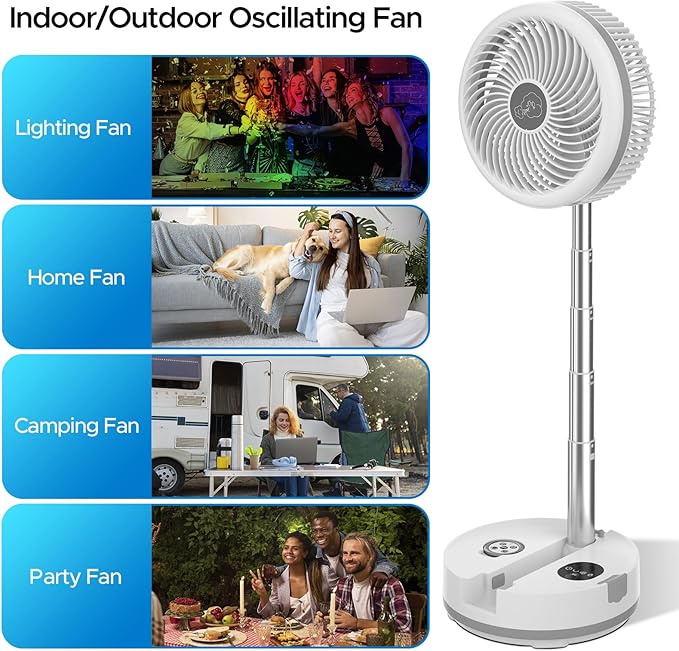 neofeel 10.43'' Portable Pedestal Standing Fan, 40000mAh 106hrs Rechargeable Oscillating Fan with Remote/1-8H Timer, RGB Lighting, Floor Fan for Bedroom Party Camping (White, 40000mAh)