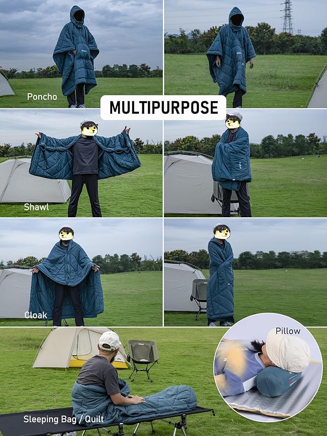 WildCall Hooded Camping Blanket with 3M Thinsulate Insulation Wearable Poncho Blanket Ultralight Foldable Quilt Sleeping Bag for Outdoor, Hiking, Stadium