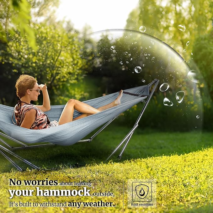 Tranquillo Adjustable Hammock Stand, Collapsible Camping Hammock with Stand, 650 lbs Capacity Double Hammock Stand, Foldable Stainless Steel Breathable Polyester Hammock Net, Carry Bag Included, Grey