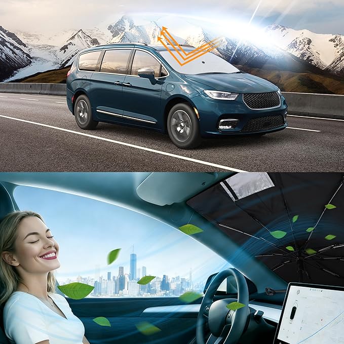 Windshield Sun Shade Umbrella Accessories Compatible with 2017 2018 2019-2026 Pacifica Minivan for Chrysler Foldable Sunshade Sun Visor Blocks UV