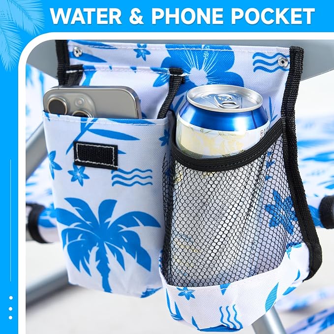 Portable Beach Chair for Adults, Outdoor Camping Chair Lay Flat Folding Backpack Beach Reclining Chair with 5 Positions, Headrest, Cup Holder, Heavy Blue Coconut Tree