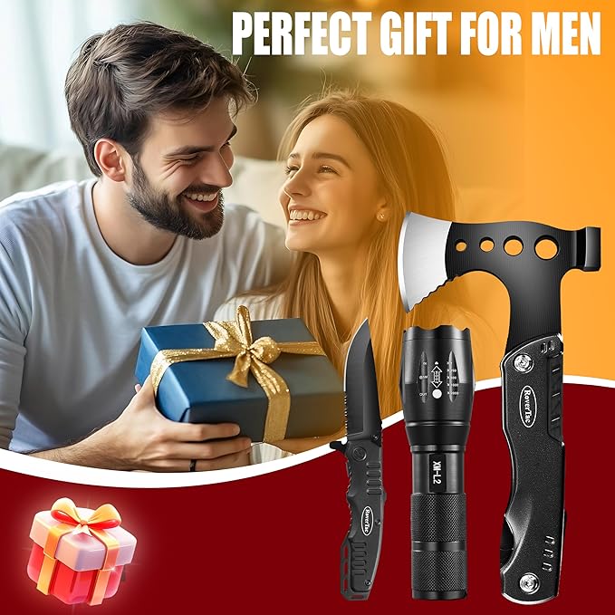 RoverTac Camping Gear Survival Tools Kit Multi Tool Set, 11-in-1 Multitool Axe, High Lumen LED Flashlight, Pocket Knife - Perfect for Camping Survival Hiking Fishing, Tools Gifts for Men.