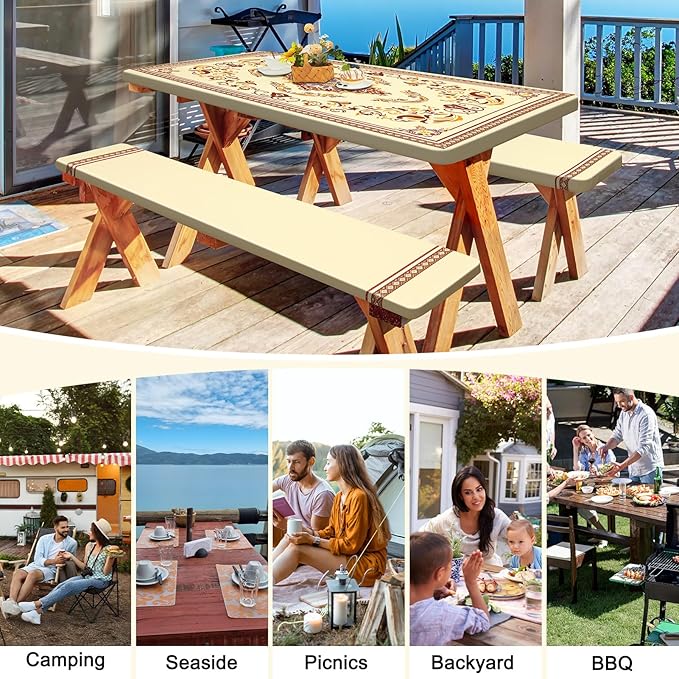 Picnic Table Cover with Bench Covers Portable Table Cloth Built-in Storage Pocket Fitted Tablecloth with Elastic Edges Waterproof Camping Essentials for Indoor Outdoor Rv,72in,Brown