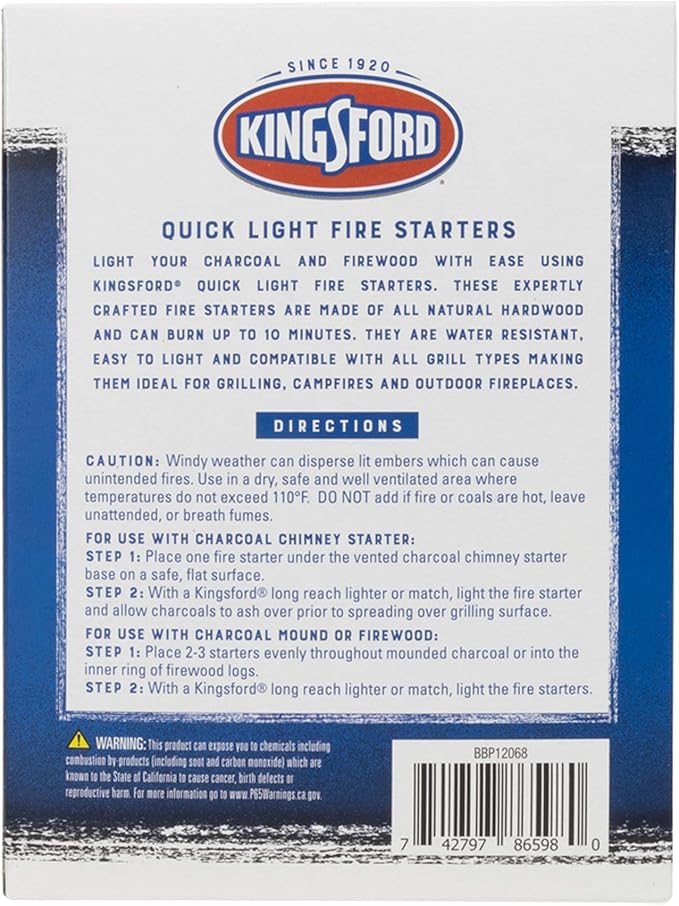 Kingsford Quick Light Fire Starter Rolls, All Natural Hardwood with Paraffin, Water Resistant and Easy Lighting for Charcoal, Pellet Grills, Smokers, Campfires, Outdoor Fireplaces, 32 Count
