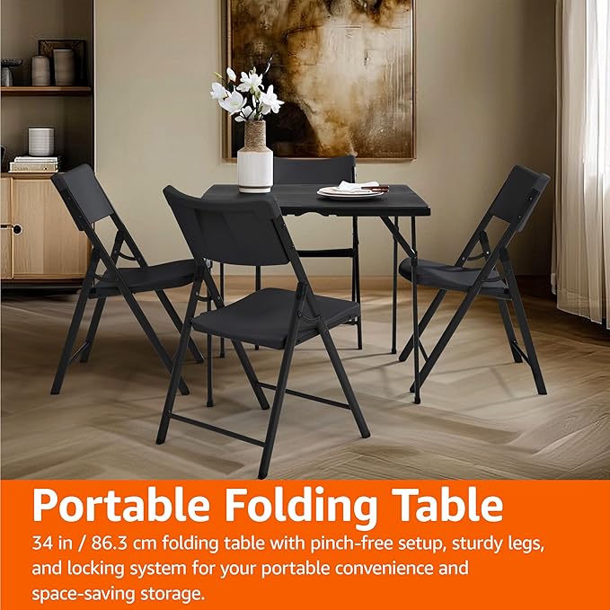 Amazon Basics 34 inch Portable Sturdy Folding Dining Table with Carrying Handle, Space Saving Storage, Square, 33.9 x 29.1 x 33.9 inch, Black | Folding, Portable, with Carrying Handle