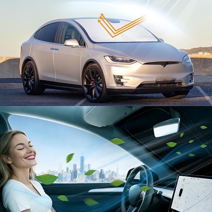 Windshield Sun Shade Compatible with 2016-2026 Tesla Model X Tesla X Accessories Foldable Sunshade Front Sun Visor Protector Keep Car Cooler