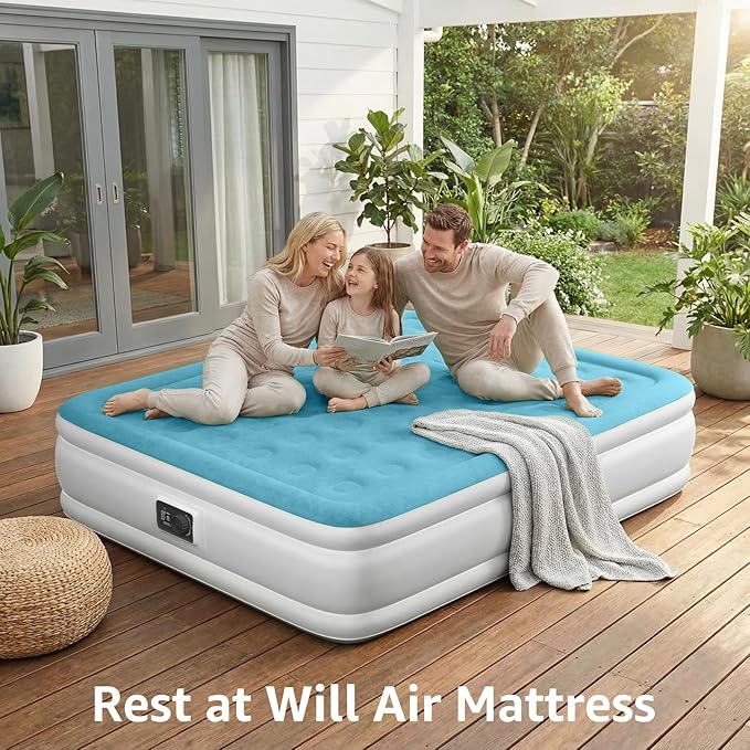YENING Full Size Air Mattress with Built in Pump Raised Double Blow up Bed Inflatable Camping Airbed Electric 18 Inch Tall Blue