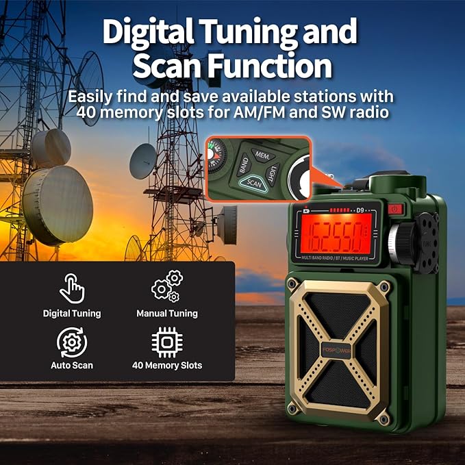 FosPower Emergency Weather Radio (Model D9) 14800mWh Power Bank, NOAA/AM/FM/Shortwave, Bluetooth 5.4, USB/Solar/Hand Crank Charging, Flash Light, SOS Alarm, IPX3 Rating for Indoor/Outdoor Emergencies