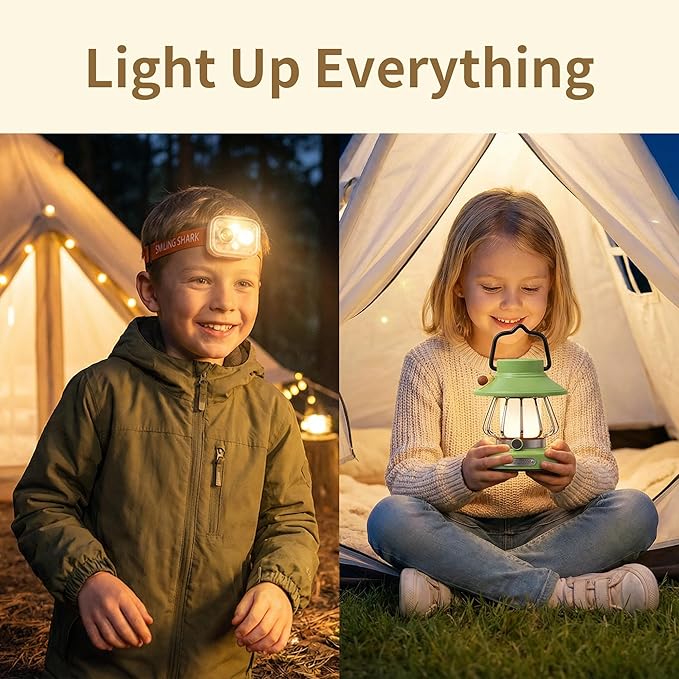Kids Adventure Light Set: Kids Camping Lantern & Motion Sensor Headlamp, USB-C Rechargeable, Hands-Free Headlight for Hiking, Sleepovers & Outdoor Explorations – Perfect Gift for Young Explorers