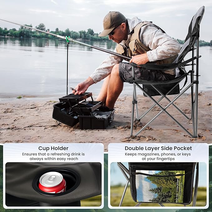 Oversized Camping Chair Heavy Duty- Portable Folding Chair, Cup Holder & Waterproof Phone Case for Adults, Beach, Hiking, Backyard (Black & Gray, 2 PCS-21)