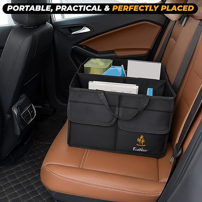 EcoNour Trunk Organizer for Car | SUV Collapsible Cargo Storage Box with Detachable Dividers, Mesh Pockets & Adjustable Straps | Multi Compartment Organizer for Groceries, Tools, Travel – Black