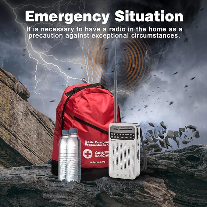 Portable Radio AM FM with Long Range Reception, Goodes Transistor Radio with Loud Speaker, Headphone Jack, 2AA Battery Operated for Indoor, Outdoor and Emergency Use - Silver